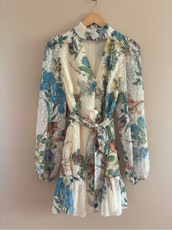 Lulus Ayame Ivory Floral Swiss Dot Balloon Sleeve Mini Dress Size Medium NWT Tie - Image 3