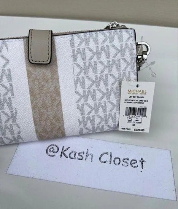 Michael Kors Light Sand Multi Double Zip Wristlet MK Signature Stripe JetSet Bag - Image 6