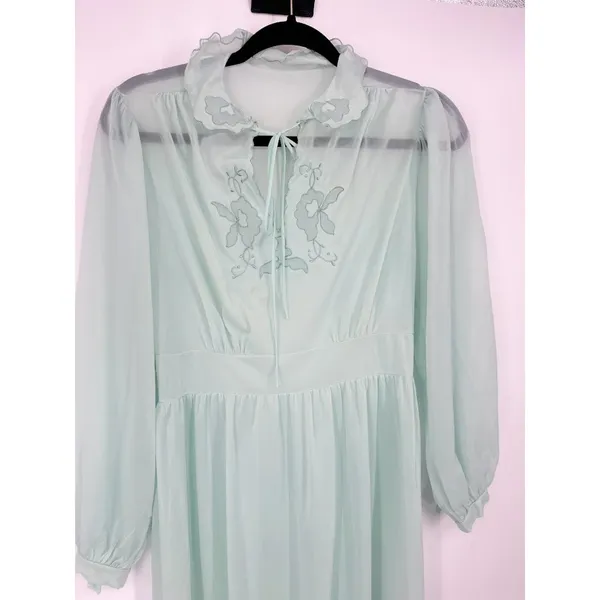 Vintage Gotham Gold Stripe Mint Green‎ Gown Nightgown Sheer Embroidery Small 34 - Image 2