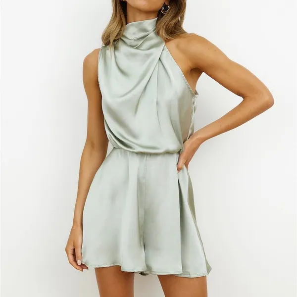 NWT Hello Molly On A Drive Sage High Neck Back Cut Out Satin Romper Playsuit L - Image 2