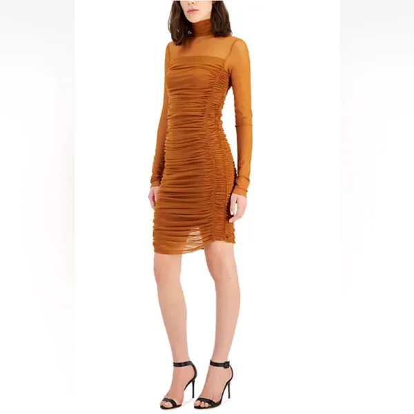 HUGO Women Mesh Ruched Long Sleeve‎ Dress Rustcopper Size xs nwt - Image 4