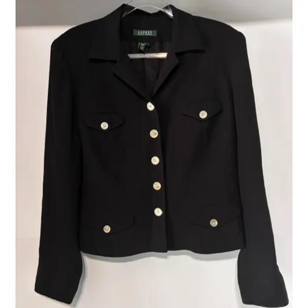 Lauren Ralph Lauren Women’s Sz 14 Black 100% Silk Button Front Blazer Jacket - Image 2
