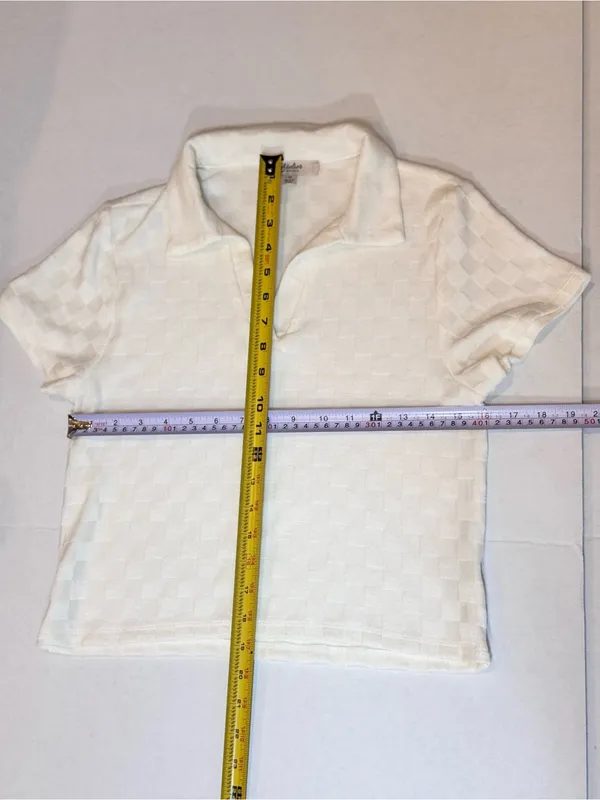 Ivory Checkerboard Knit Polo Top M Textured Johnny Collar Preppy Cropped Tennis - Image 10