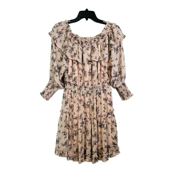Hayden Los Angeles Floral Ruffle‎ Mini Dress Small Pink Smocked Off Shoulder - Image 4