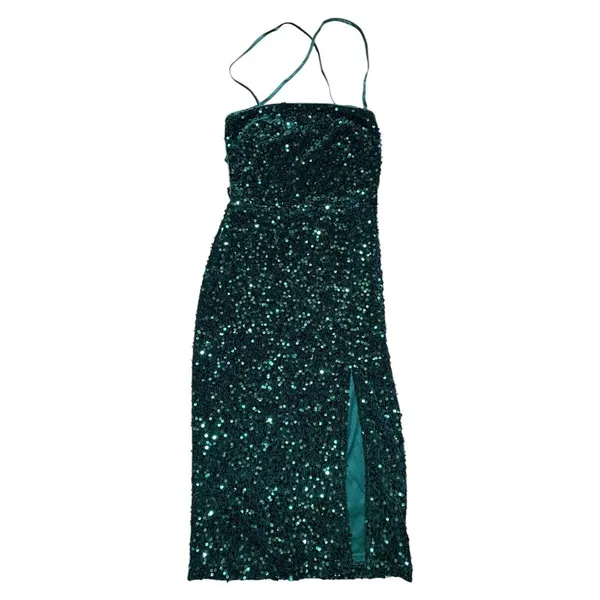 Lulus Sequin Dress Sz XS Lace Up‎ Side Slit Emerald Green Sparkle - Image 2