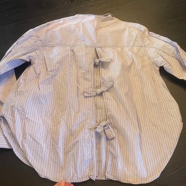 Free People Blue White Tie It In A Bow Oversized Cotton Button Down Shirt L - Image 6