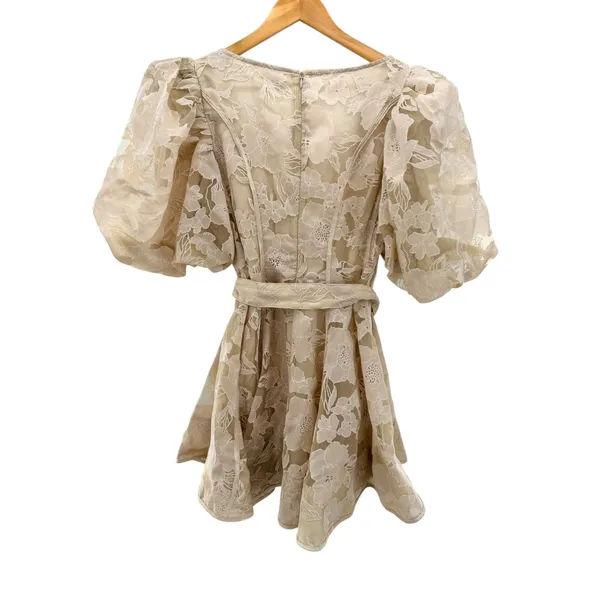 Savannah Taylor Floral Organza Puff Sleeve Belted Mini Dress Cream M Fairy Girly - Image 5