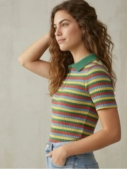 ZARA Multi-Colored Striped Ribbed Knit Polo Zip-Up Shirt Size M - Image 7