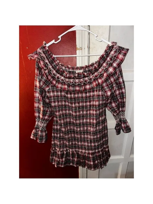 Anthropologie Pilcro Smocked Plaid Off-Shoulder Ruffle Mini Dress M Red White - Image 8