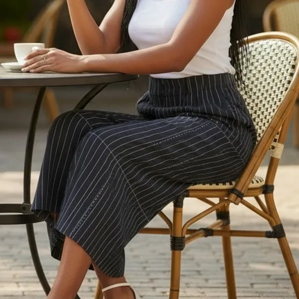 Zara Striped Wide Leg Crop Paperbag Trousers Elastic Waist Pockets S Black White - Image 11