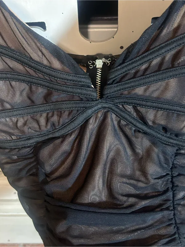 Forever 21 Women’s S Black Sheer Mesh Ruched Cami Top Zip Front Corset Style - Image 3