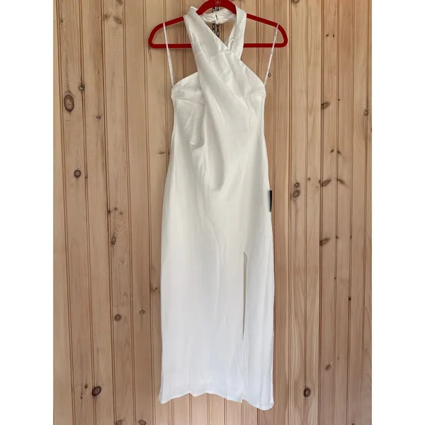 Lulus Beyond Classy White Satin Halter Midi Dress Engagement Party Elegant Large - Image 2