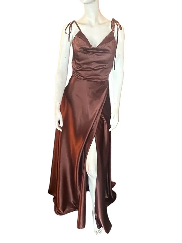 Monvelli Satin Cowl Neck Evening Gown w/Thigh High Slit & Pockets Brown 12 NWT - Image 2