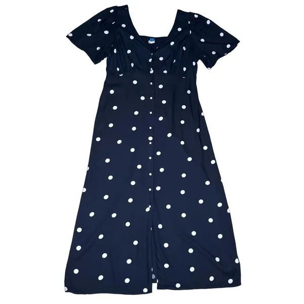 Old Navy M Polka Dot Midi Dress Navy Full‎ Button Front Classic Empire Waist - Image 6