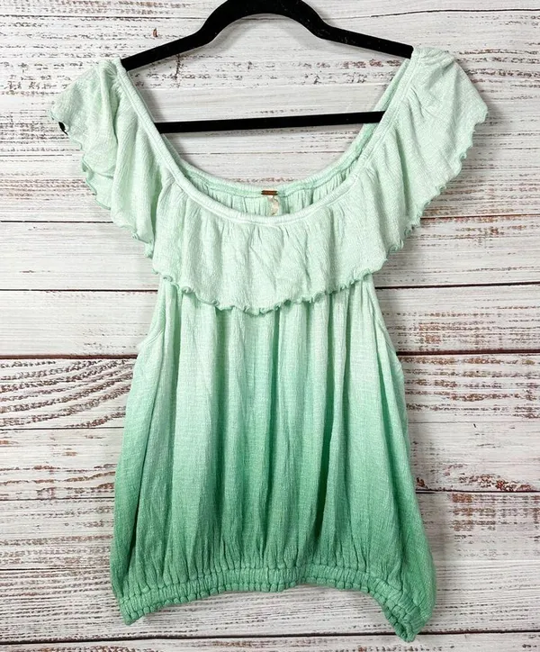 Free People Cora Lee Green and White Off the Shoulder Ombré Top, EUC, Medium - Image 4