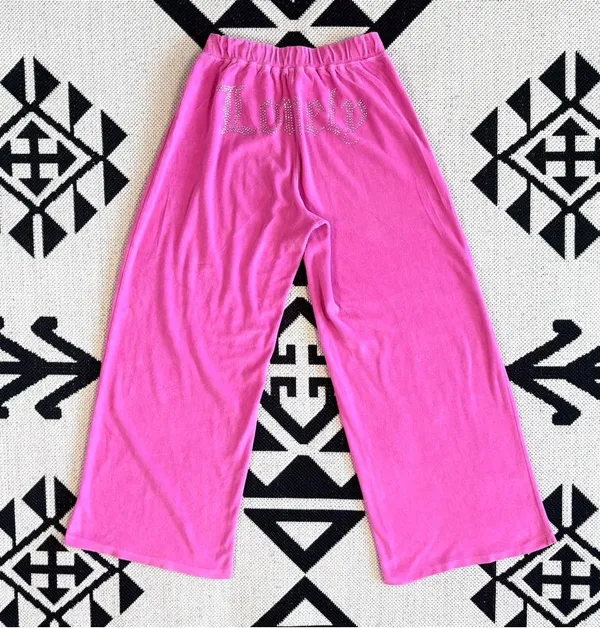 Lonely Ghost Y2K Pink Velour Rhinestone Wide Leg Tracksuit Pants Medium - Image 8