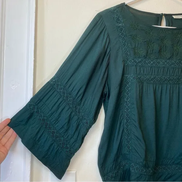 ROLLER RABBIT Embroidered 3/4 Sleeve Viscose Blouse in Emerald Green Sz XS - Image 4