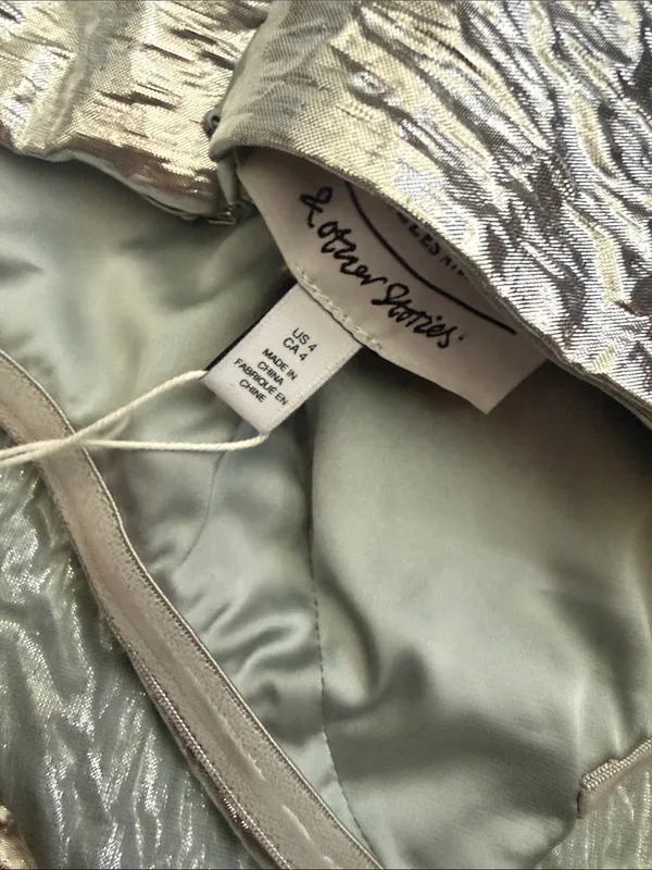 NWT & Other Stories Silver Strapless Jacquard Mini Metallic Party Dress Sz 4 - Image 6
