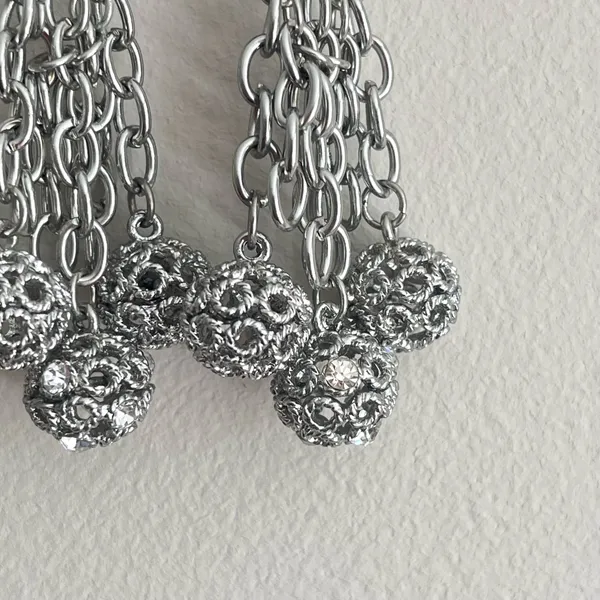 Dangle Earrings Silver Tone Chains Openwork Filigree Balls Fashion Jewelry 3.5in - Image 3
