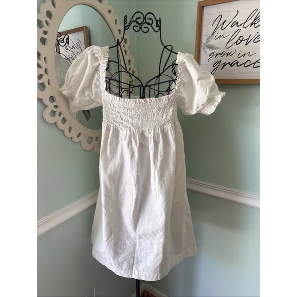 NWT $178 Faherty Organic Cotton Smocked‎ Short Sleeve Ramona Dress White Medium - Image 3