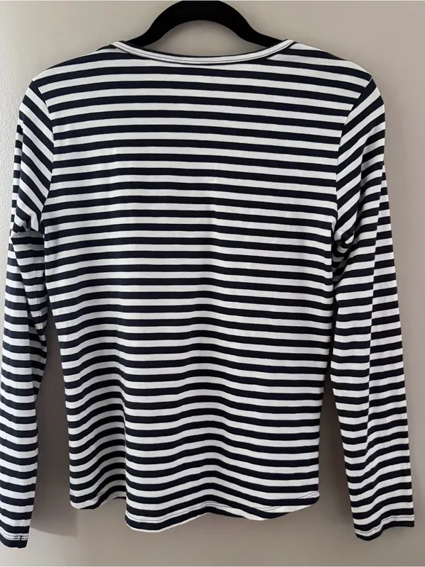Toad&Co Striped Long Sleeve V-Neck Top Medium Navy Blue White Organic Cotton - Image 3