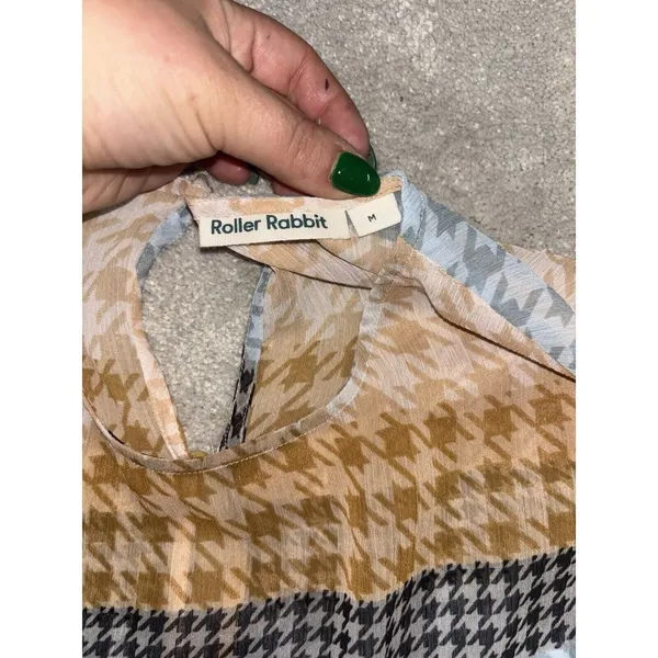 Roller Rabbit Womens Medium Popover Orange Blue Hounds Tooth Print Chiffon Sheer - Image 4