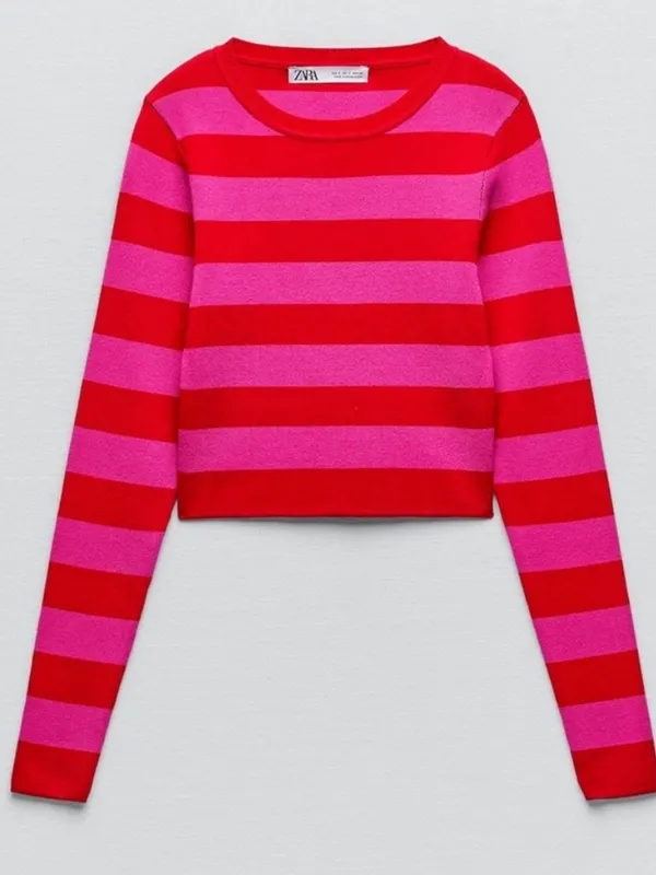 Zara Knit Cropped Sweater Pink Red Stripe Long Sleeve Top Medium - Image 6
