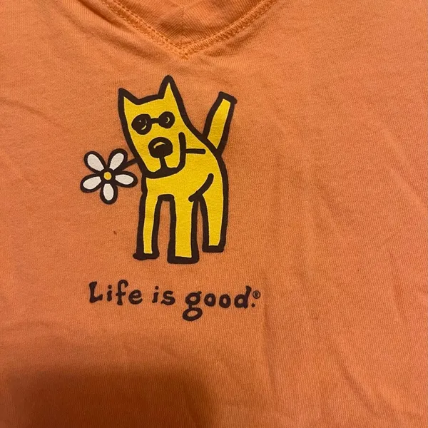 Life is Good Orange Rocket Dog and Daisy V-Neck Tee Size Medium - Image 2