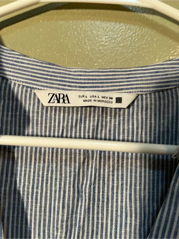 Zara Women's Size Large Mini Shirt Dress Blue White Stripes Crochet Belted Linen - Image 12