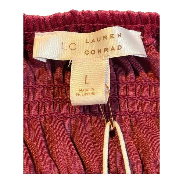LC Lauren Conrad Velvet Mini‎ Dress Large Wine Red Smocked Ruffle Long Sleeve - Image 6
