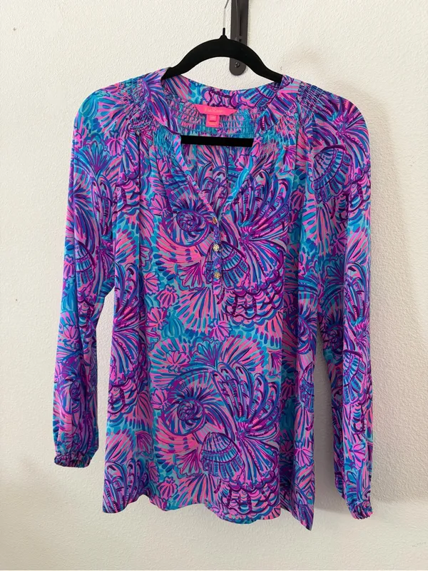 Lilly Pulitzer Silk Elsa Top Shelleidoscope Print Turquoise Oasis - Image 2
