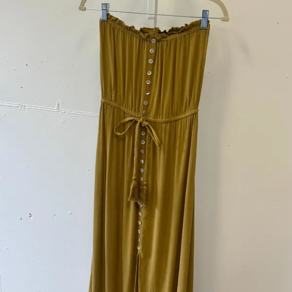 Elan Mustard Yellow Strapless Button Front Maxi Dress Small RG5761 Boho Tassel - Image 3