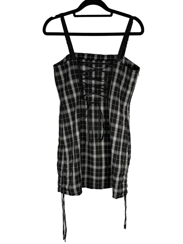 Punk Rave Plaid Corset Mini Dress Lace Up Back Buckle Straps Goth - Image 5
