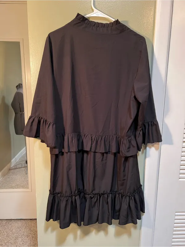 Women’s Size Large Mini Dress Black Ruffle V-Neck A-Line 3/4 Sleeve Collared LBD - Image 7