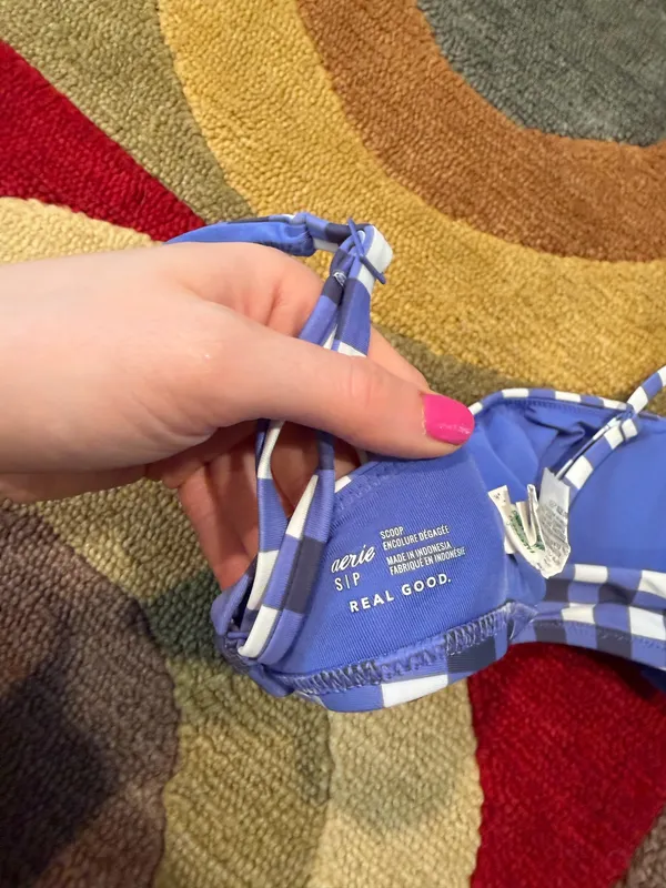 Aerie Scoop Bandeau Bikini Top Tie Back Swim Swimwear Plaid Gingham Size Small - Image 3