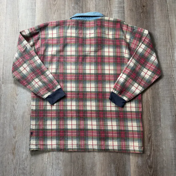 Vintage Drummer Boy Plaid Rugby Shirt with Denim-Style Collar M/L - Image 3