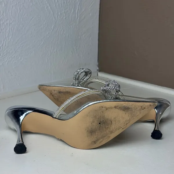 Silver Metallic Clear PVC Crystal Bow Pointed Toe Heels Black Tie Wedding Prom - Image 7