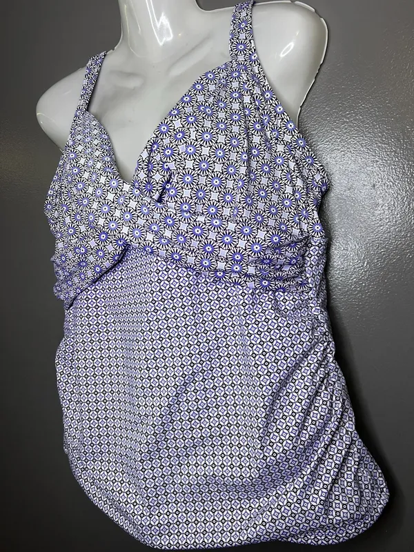 Lands' End Tankini Swim Top Womens 16 Purple Geometric Print Underwire Bra - Image 4