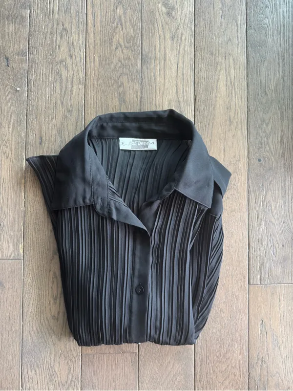 Women’s Black Pleated Button-Front Sheer Blouse with Button Sleeves - Image 6