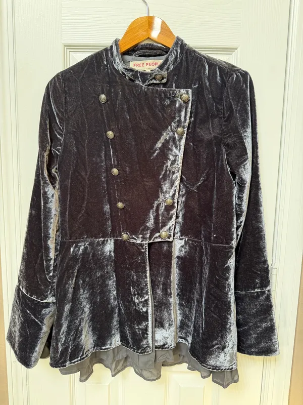 Free People Military Victorian Jacket Goth Dark Gray Velvet Intricate Buttons S - Image 2