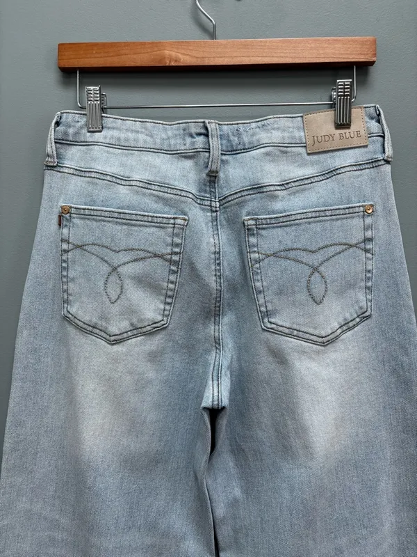 Judy Blue High Waist Retro Wide Leg Criss Cross Mild Destroy Jeans Blue 7/28 - Image 7