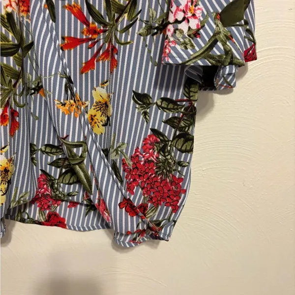 Umgee Blue Striped Floral V-Neck Blouse with Multicolor Blooms - Image 8