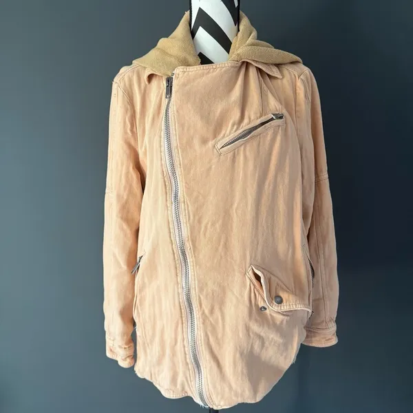 FREE PEOPLE Beachy‎ Hooded Moto Jacket Peach Size Small - Image 4