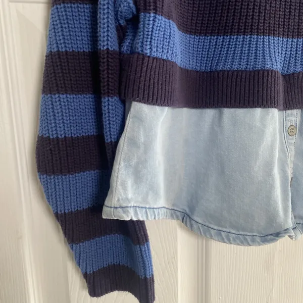 Pilcro Mixed Media Striped Sweater Womens Size‎ XS Blue Denim Layered Knit Top - Image 3