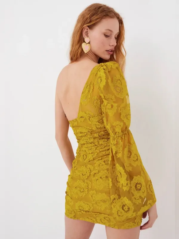 NWT For Love & Lemons Tiana Mini Dress in Mustard Yellow, Size XS - Image 10