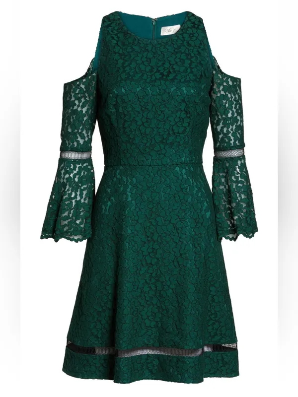 Eliza J Cold Shoulder Bell Sleeve Fit & Flare Lace Dress, Emerald Green, Size - Image 4