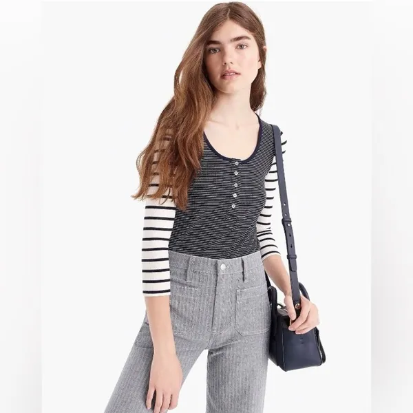 J. Crew Navy and White Striped Scoop Neck Ribbed Long Sleeve Henley - Image 2