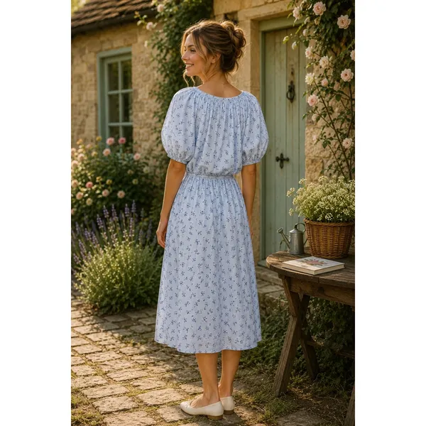ROOLEE Wandering Free Blue Floral Dress Midi Tie Waist Buttons Raglan Small - Image 7