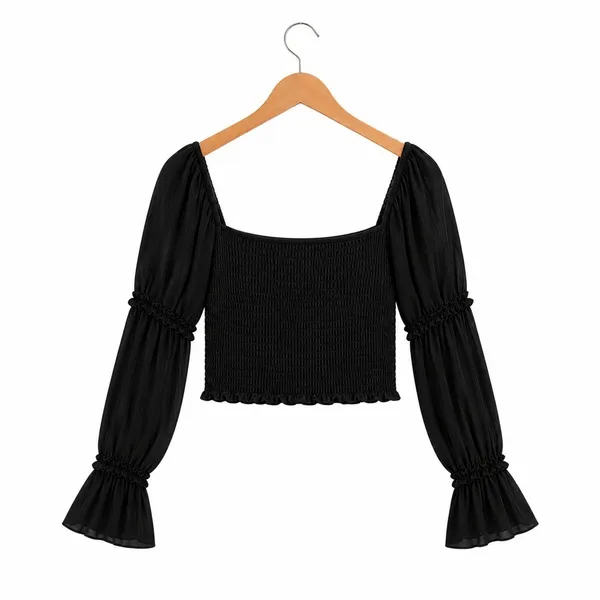 NWT Parisian Dark Romantic Ruched Button Crop Top Black Goth Bell Sleeve Size 8 - Image 4