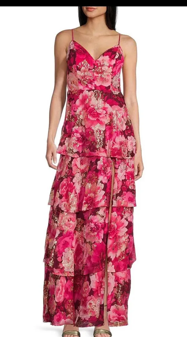 Pink Floral Maxi Prom Dress - Image 3